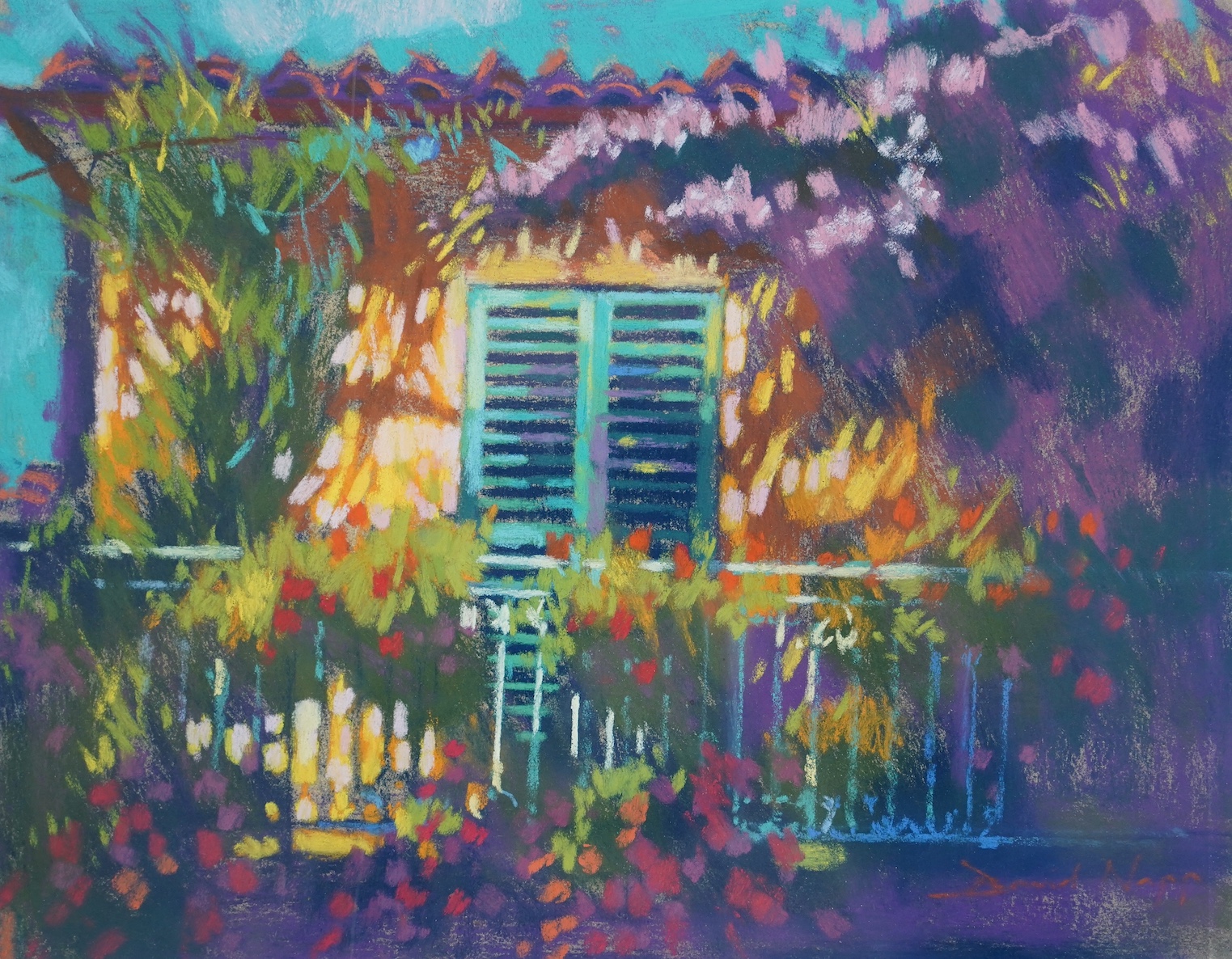 David Napp (b.1964), pastel, View of a villa with flowers, signed, 24 x 31cm. Condition - good